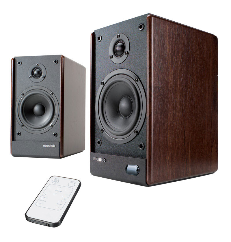 Microlab 80W Wood Bookshelf Stereo Speakers with Remote wood finish
