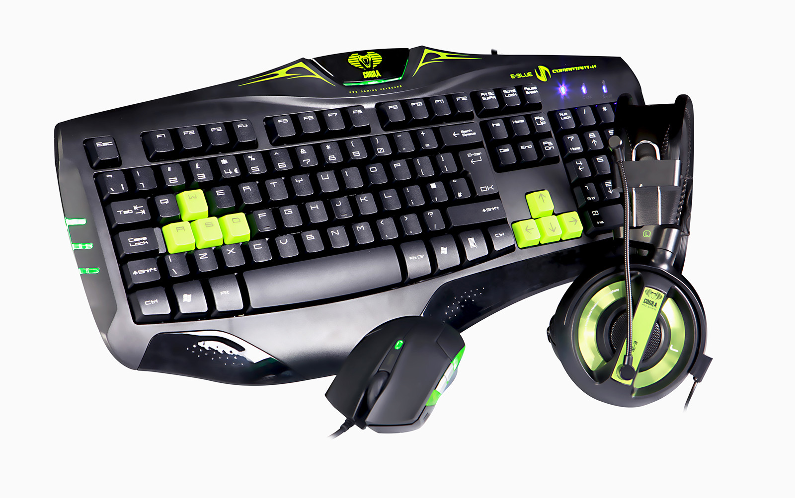 EBLUE Cobra Bundle Gaming Keyboard Mouse & Headset Green Falcon