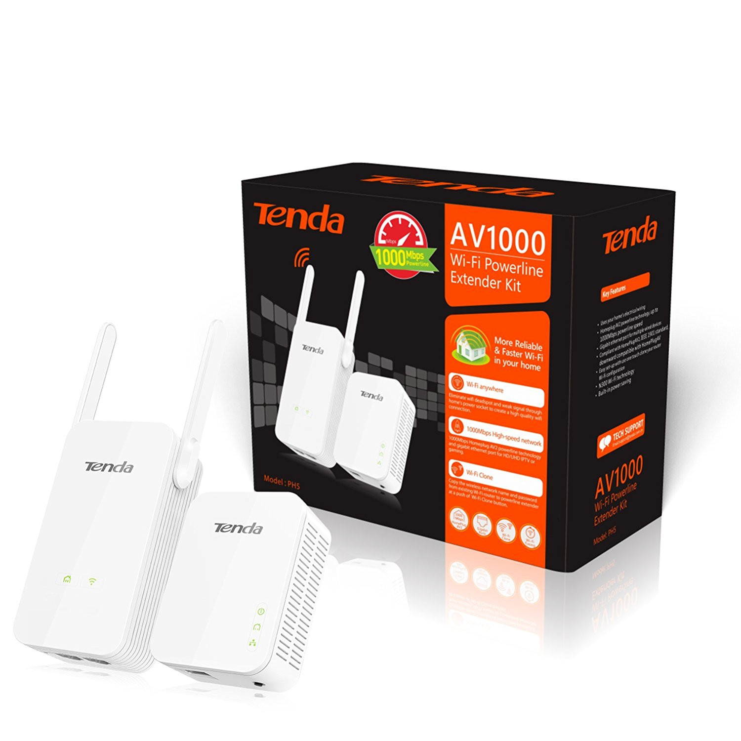 Tenda AV1000 WiFi Powerline Adapter Kit with Gigabit Ports, WiFi