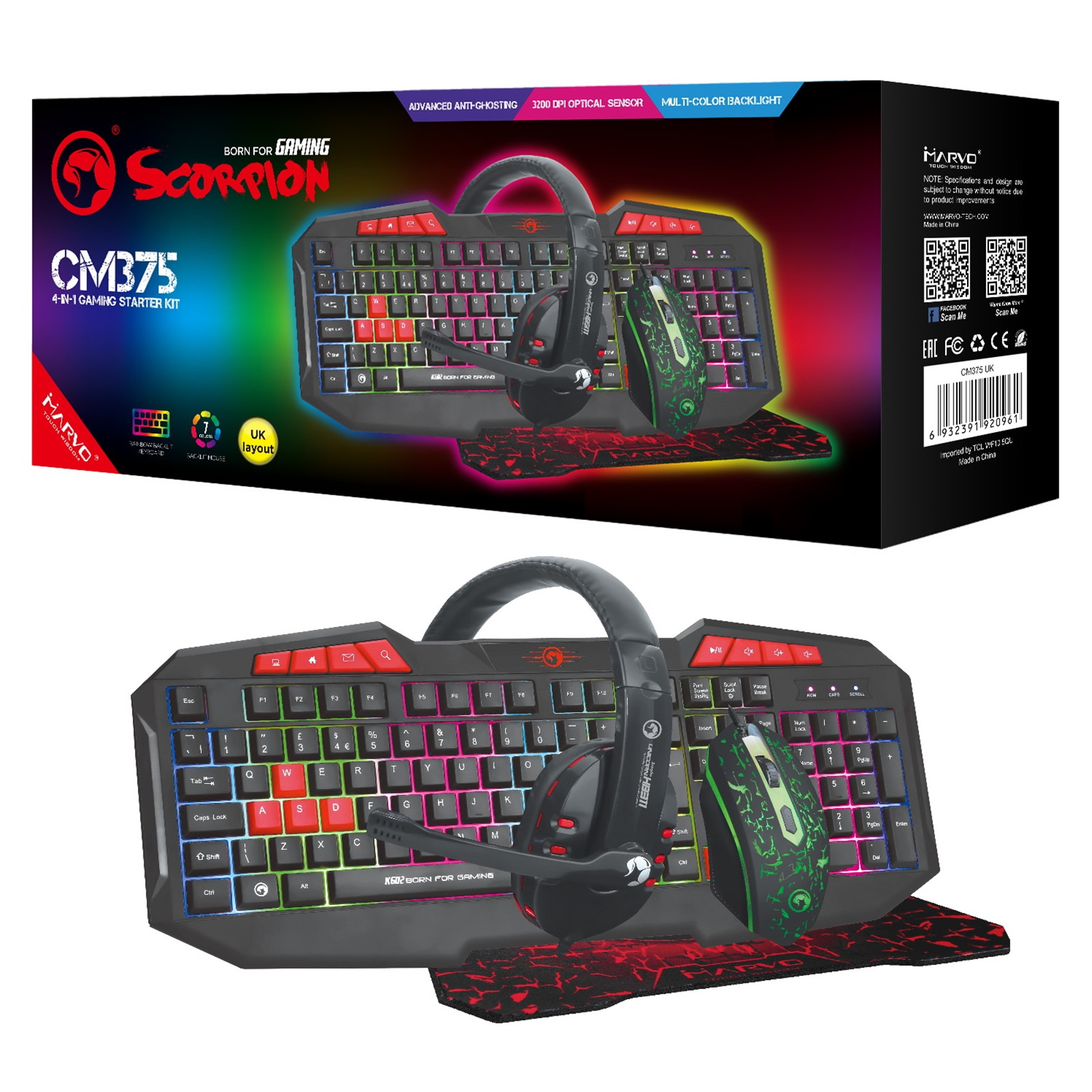 MARVO Scorpion 4-in-1 Gaming Starter Kit - RGB Keyboard & Mouse WITH Black Headset & Mouse MAT