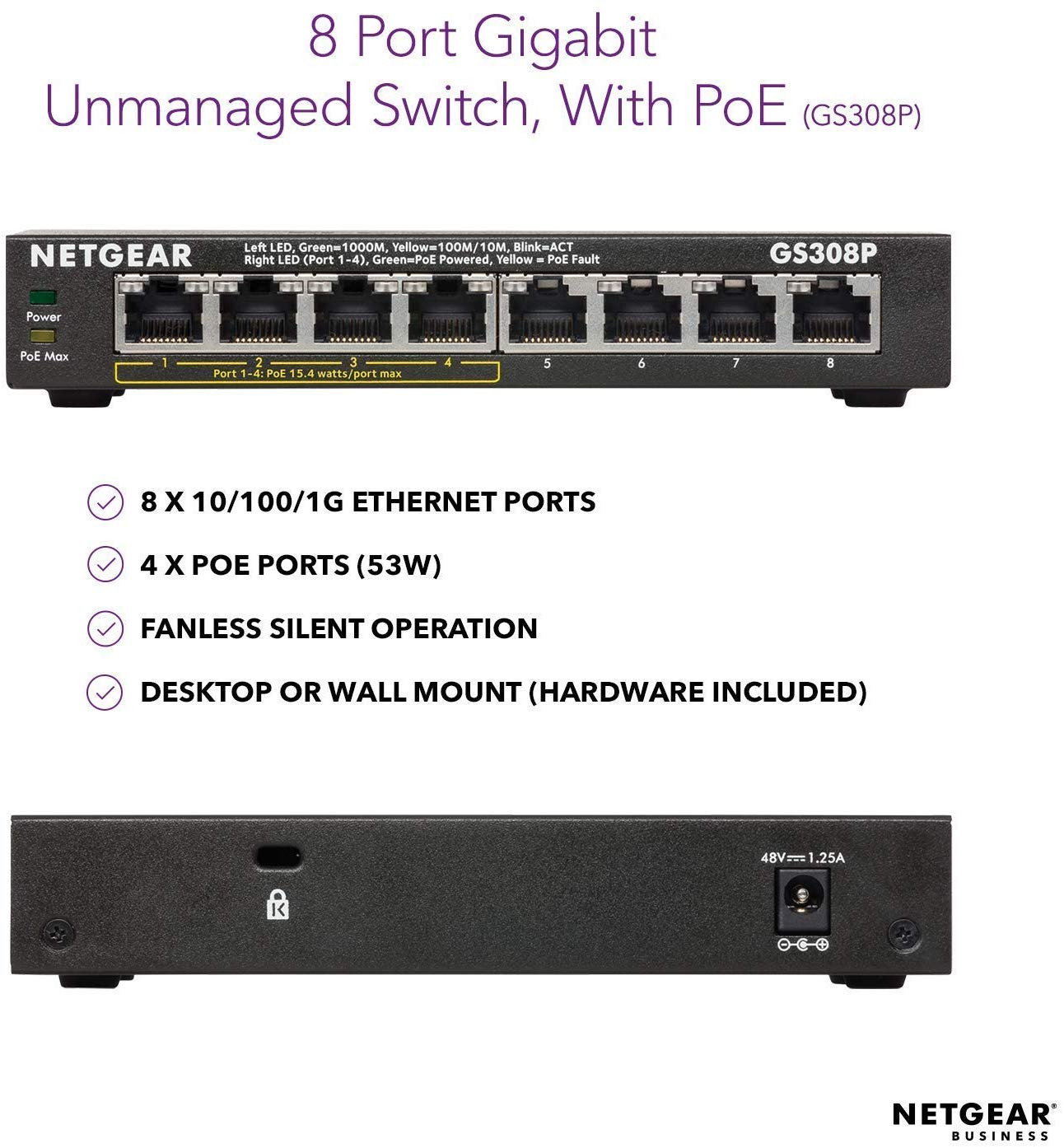 Netgear 8Port Gigabit PoE Network Switch, Hub,