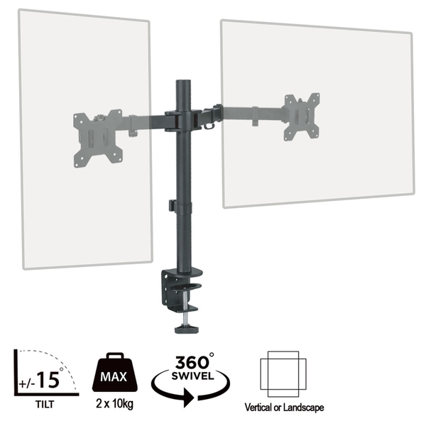 PixL Double Monitor Arm, For Upto 2x 27 inch Monitors, Desk Mounted, VESA dimensions of 75x75mm or 100x100mm, 180 Degrees Swivel, 15 Degrees Tilt, Weight Upto 10kg per screen, Built in Cable Managemen