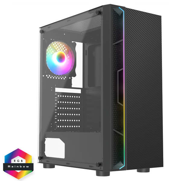 CIT Galaxy Black Mid-Tower PC Gaming Case with 1 x LED Strip 1 x 120mm Rainbow RGB Fan Included TG Side Panel