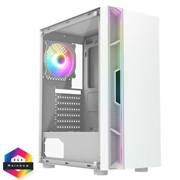 CIT Galaxy White Mid-Tower PC Gaming Case with 1 x LED Strip 1 x 120mm Rainbow RGB Fan Included TG Side Panel