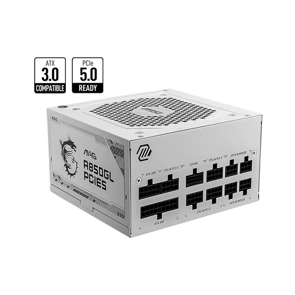 MSI MAG A850GL 850W (White Edition) 80 Plus Gold Rated ATX 3.0 PCIE5 Fully Modular Power Supply Unit - SPECIAL OFFER