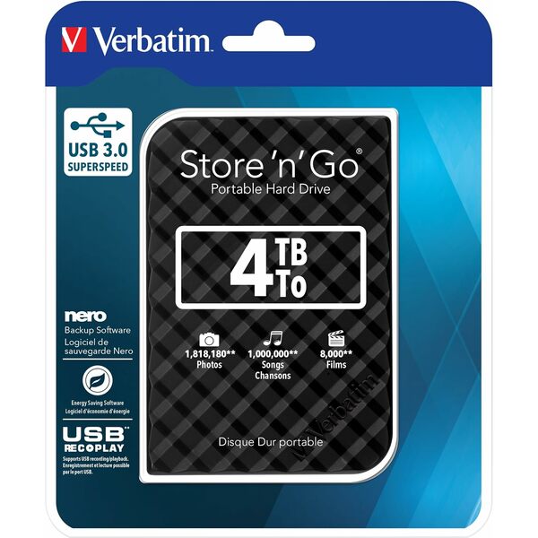 Verbatim 4TB Store `n` Go USB 3.0 2.5 Inch External Hard Drive - Black