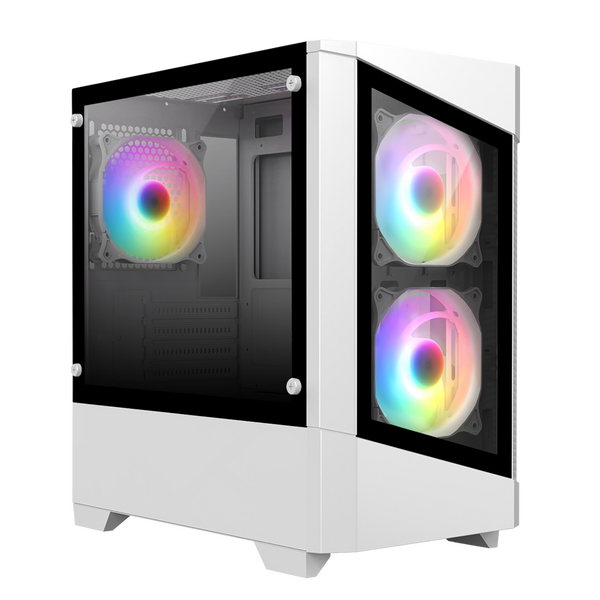 CIT Level 1 White Micro-ATX PC Gaming Case with 3 x 120mm RGB Rainbow Fans Included With 30 Percent Tempered Glass Panels
