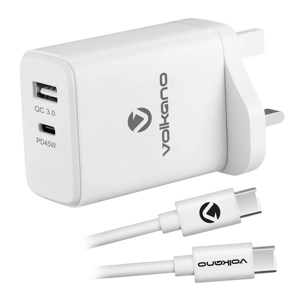 Volkano 45W GaN PD & QC Dual USB Port Wall Charger With Cable - White