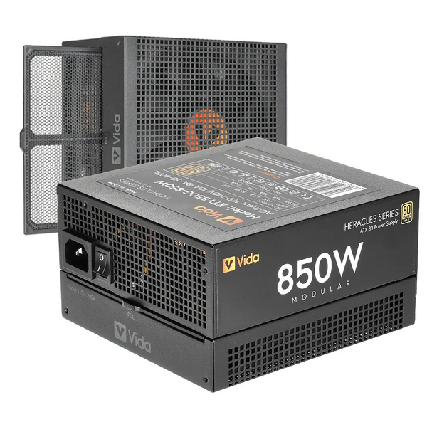 VIDA 850W Heracles Black ATX 3.1 Gaming PSU, 80+ Gold, Fully Modular, 14cm Ultra-Quiet FDM Fan, Flat Black Cables, PCIe 5.1, Power Lead Not Included