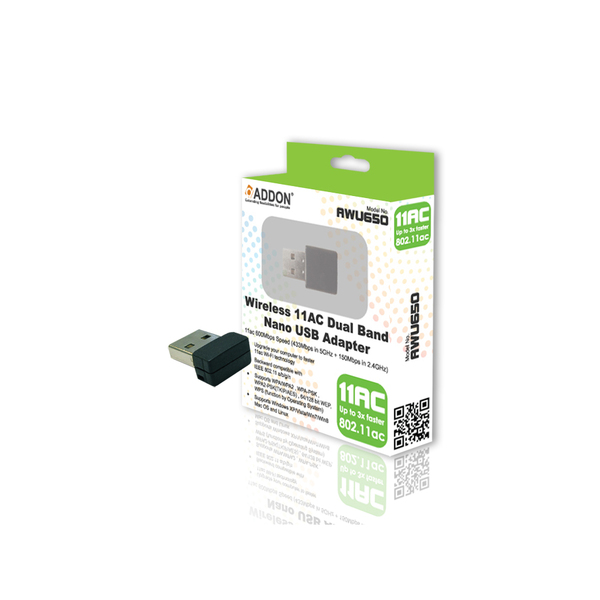 Addon  600Mbps Wireless NANO USB Adaptor (Dual Band) 11a (433Mbps in 5Ghz  15Mbps in 2.4Ghz)