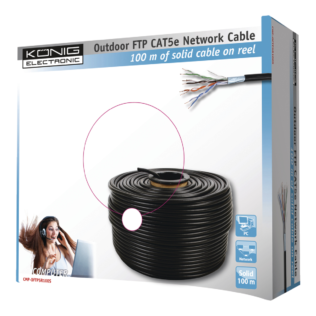 Konig Network Cable on Reel CAT5e F/UTP 100 m Black Solid shielded