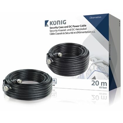 Konig  20 mtr CCTV Cable - High-quality coax cable with BNC and DC power connectors RG59