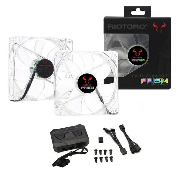 Riotoro  Riotoro Prism Fan Kit, 2 x 12cm Case Fans with Controller, RGB, 256 Colours - SPECIAL OFFFER