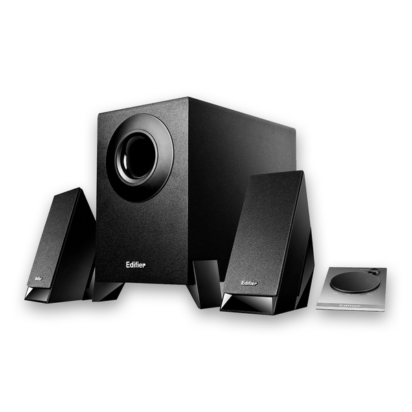 Edifier  2.1 speaker system with upward-angled satellites and downward-firing subwoofer.