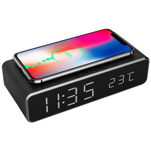 Gembird Digital Alarm Clock With Wireless Charging Function Black