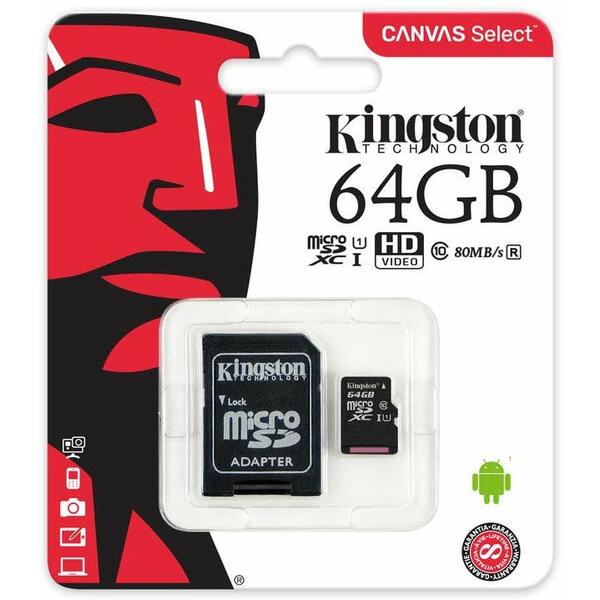 Kingston 64GB Canvas Select Class 10 speeds Up to 80 MB/s Read  (Micro SD with SD Adapter Included)
