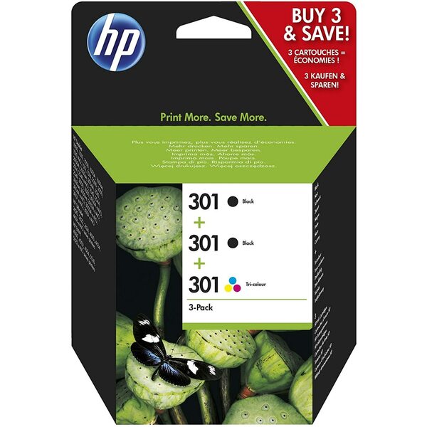 HP  Hp 301 3 Pack - 1X Colour 165pg - 2 X Black - 190pg Yeild