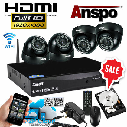 Anspo  4 Channel DVR/NVR CCTV - 1000GB HDD PSU and 4 cameras Wired Kit With Wi-Fi Dongle