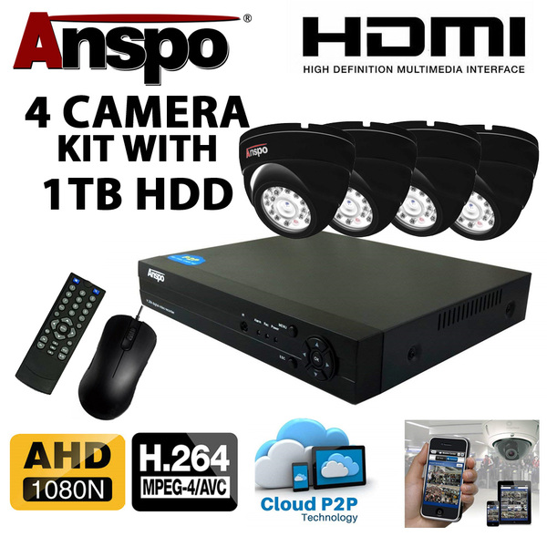 Anspo  4 Channel DVR/NVR CCTV - 1TB HDD PSU and 4 cameras Wired Kit (Separate selling price £188.99)  Save £38.99 !