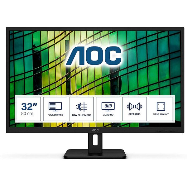 Aoc  31.5 Inch QHD Monitor, 75Hz, 4ms, IPS, Speakers, FlickerFree, LowBlue Light (2560x1440 @ 75hz) - HDMI / Display Port
