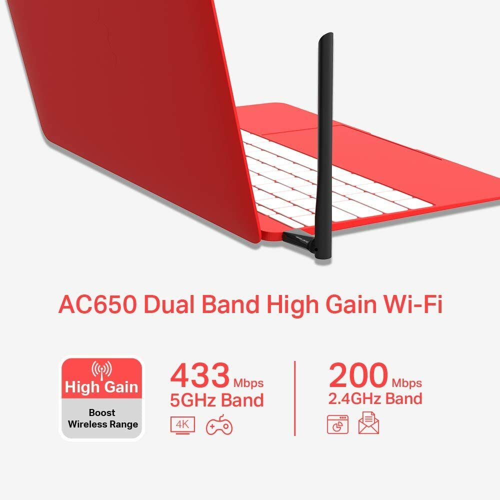 Mercusys AC650 (433+200) High Gain Wireless AC650 Dual Band USB Adapter ...