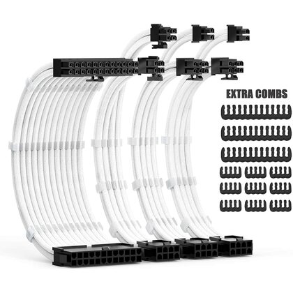 Generic  Power Supply Sleeved Cable Extension Kit 30cm with Combs, White