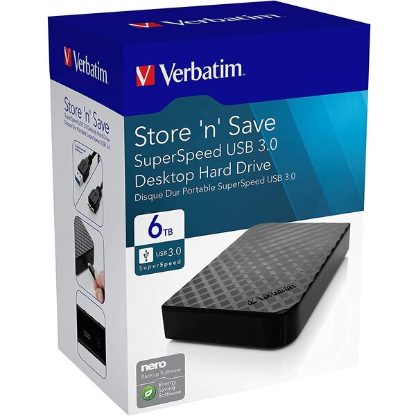 Verbatim 47686 6TB USB 3 Store and Save 3.5 inch Desktop External Hard Drive - Black  **** Damaged Box **** Full Warranty *** Reduced