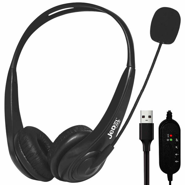 JEDEL Slim Light Weight USB Office Noise Cancelling Headset Headphones With MIC For PC Laptop UK Falcon Computers