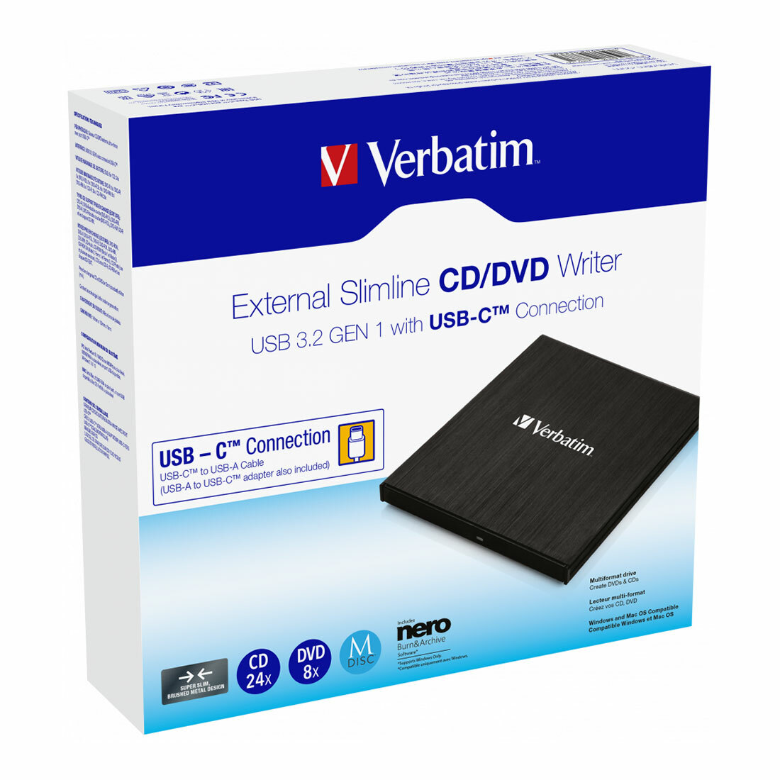 Verbatim External CD/DVD MDISC Writer USB Type C/A Falcon Computers