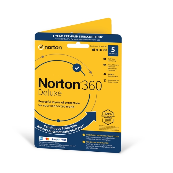 NORTON 360 Deluxe 1 x 5 Device, 1 Year Retail Licence - 50GB Cloud Storage - PC, Mac, iOS & Android