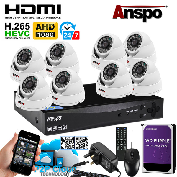 Anspo 8 Channel CCTV System with 8 Cameras and 3TB WD PURPLE HDD - FULL KIT WITH ALL ACCESSORIES AND CABLES