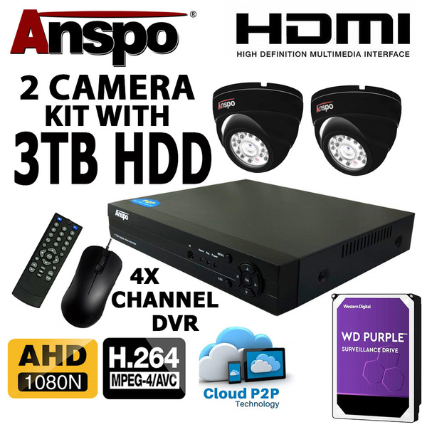 Anspo 4 Channel DVR/NVR CCTV - 3TB HDD PSU and 2 Dome cameras Kit - Special Offer