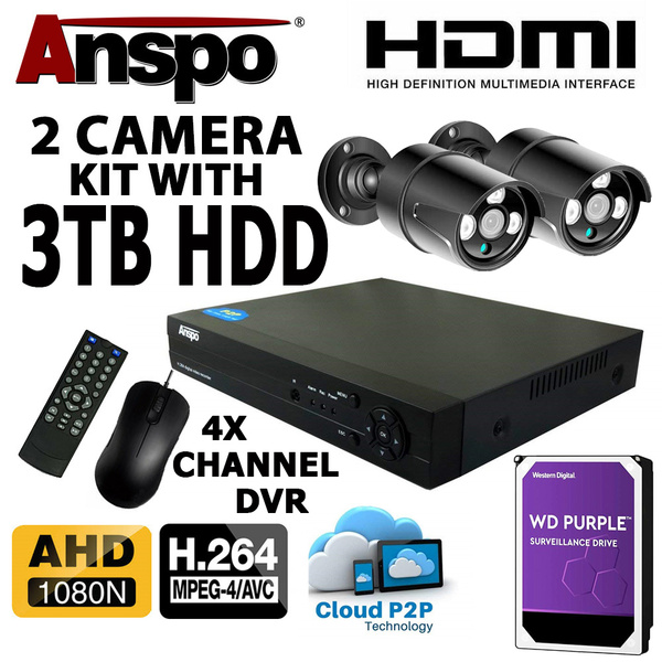 Anspo 4 Channel DVR/NVR CCTV - 3TB HDD PSU and 2 Bullet cameras Kit - Special Offer
