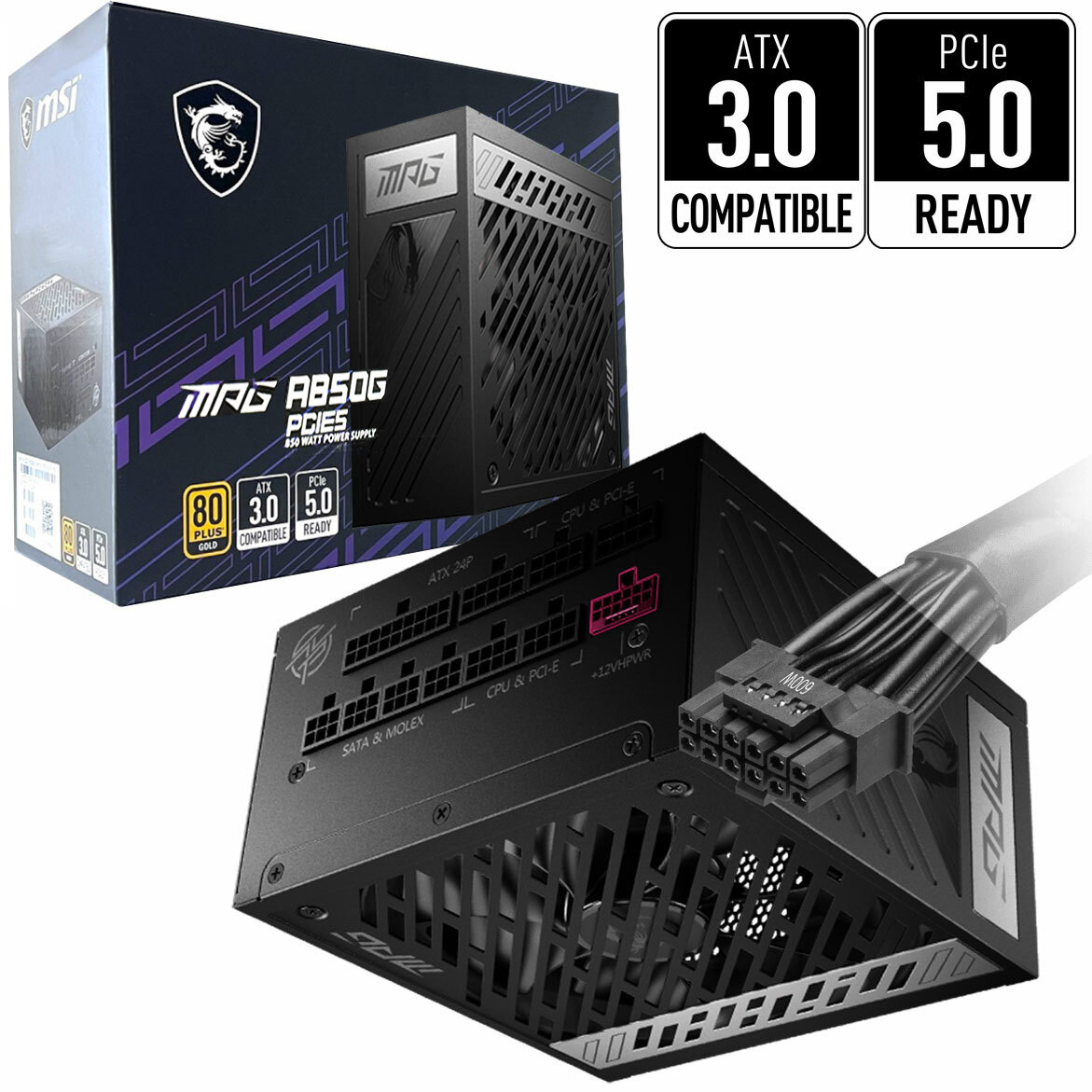MSI - MAG A850GL PCIE 5.0, 80 GOLD Fully Modular Gaming PSU, 12VHPWR Cable,  ATX 3.0 Compatible, 850W Power Supply