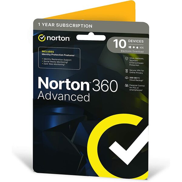 NORTON  Norton 360 Advanced 1 User x 10 Device, 1 Year Retail Licence - 200GB Cloud Back Up *