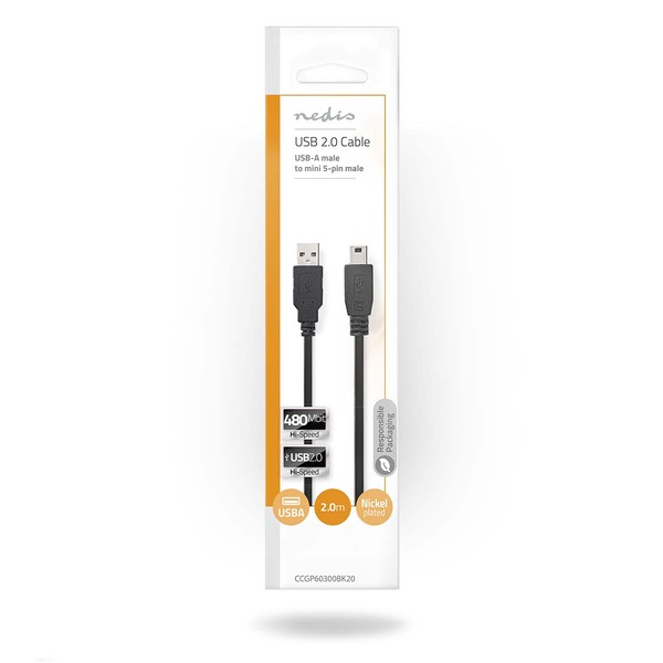 NEDIS USB 2.0 USB-A Male to USB Mini-B 5 pin Male, 5.5W, 480 Mbps, 2meters, Black - Retail Packaged