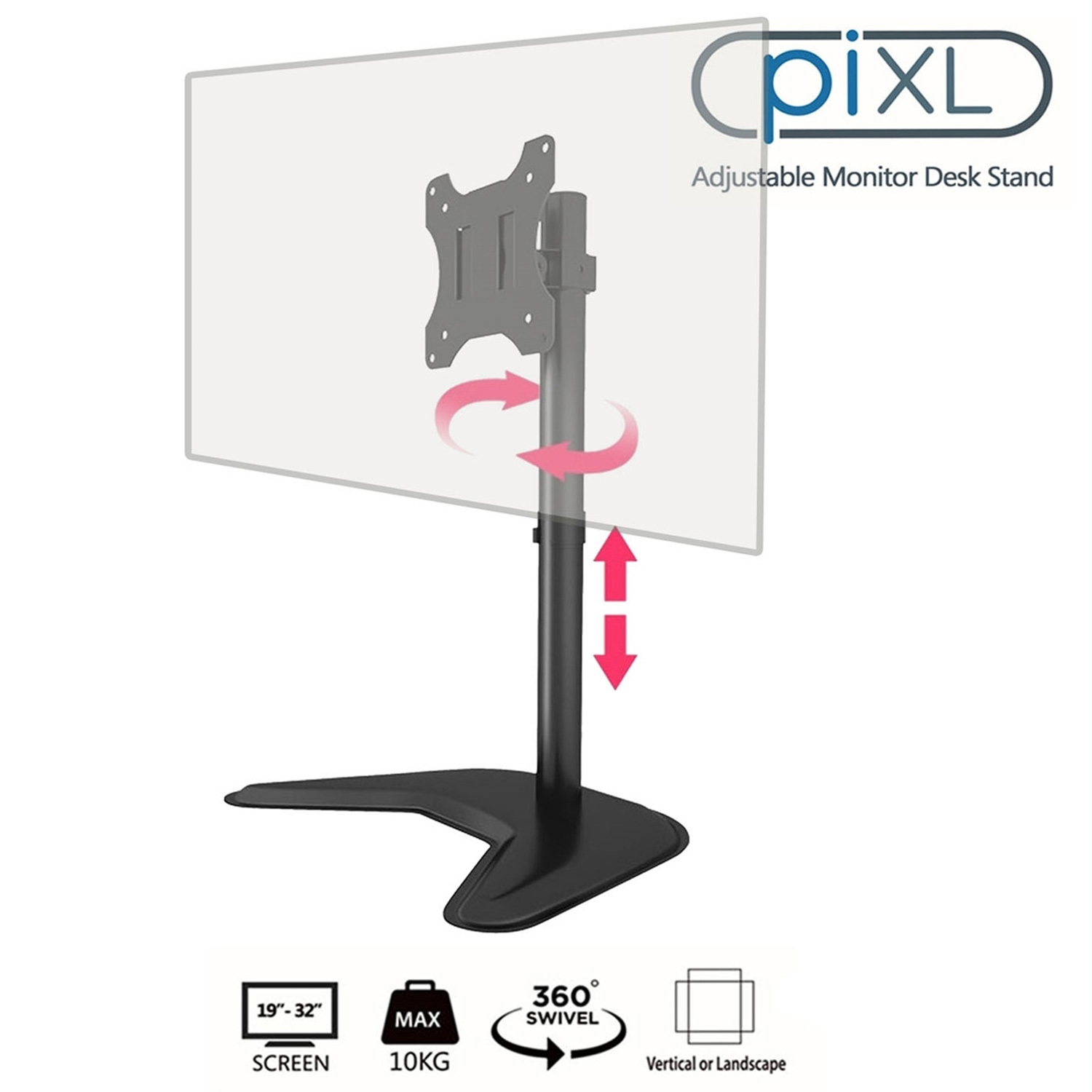 PixL Single Monitor Arm Desk Stand, For Screens up to 32``, Max