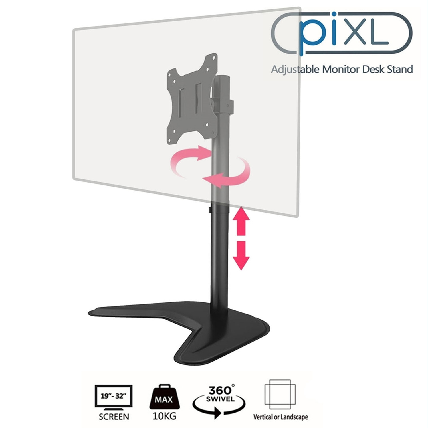 PixL Single Monitor Arm Desk Stand, For Screens up to 32``, Max Weight