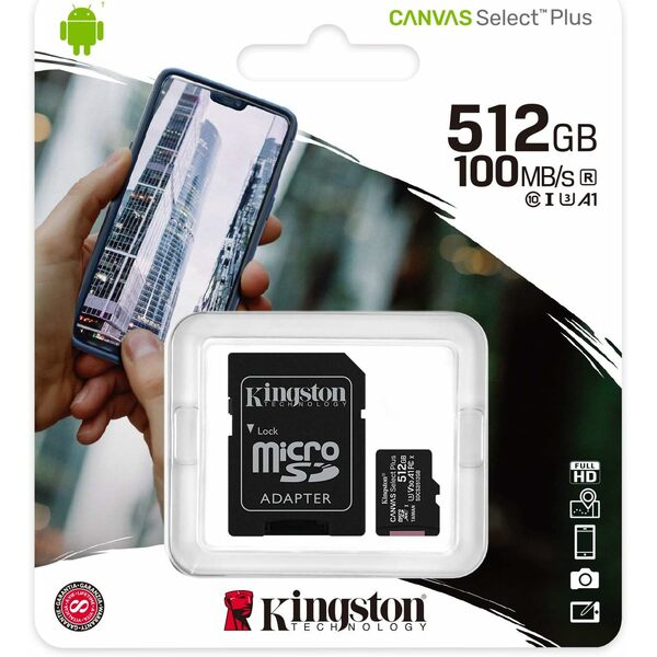 Kingston 512GB Canvas Select Class 10 UHS-I speeds Up to 80 MB/s Read  (Micro SD with SD Adapter Included)