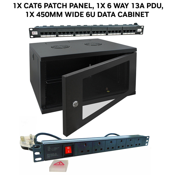 JEDEL 6U 450MM WALL MOUNTABLE DATA CABINET+PDU+PATCH PANEL PREBUILT READY