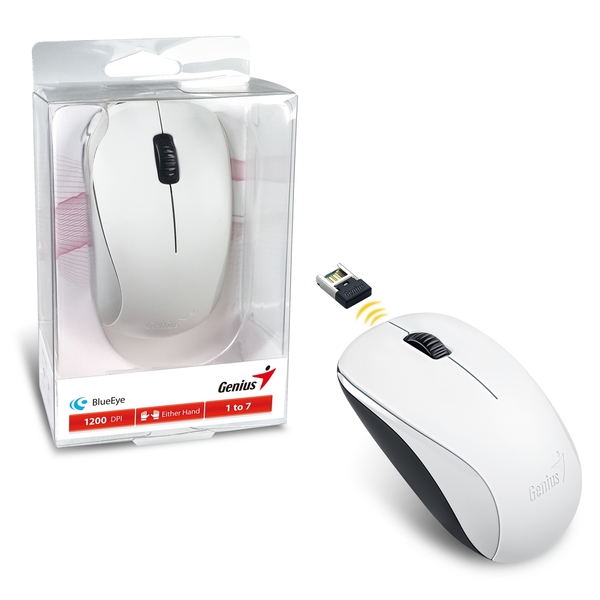 Genius  Wireless Mouse, 2.4 GHz with USB Pico Receiver, Adjustable DPI levels up to 1200 DPI, 3 Button with Scroll Wheel, Ambidextrous Design, White